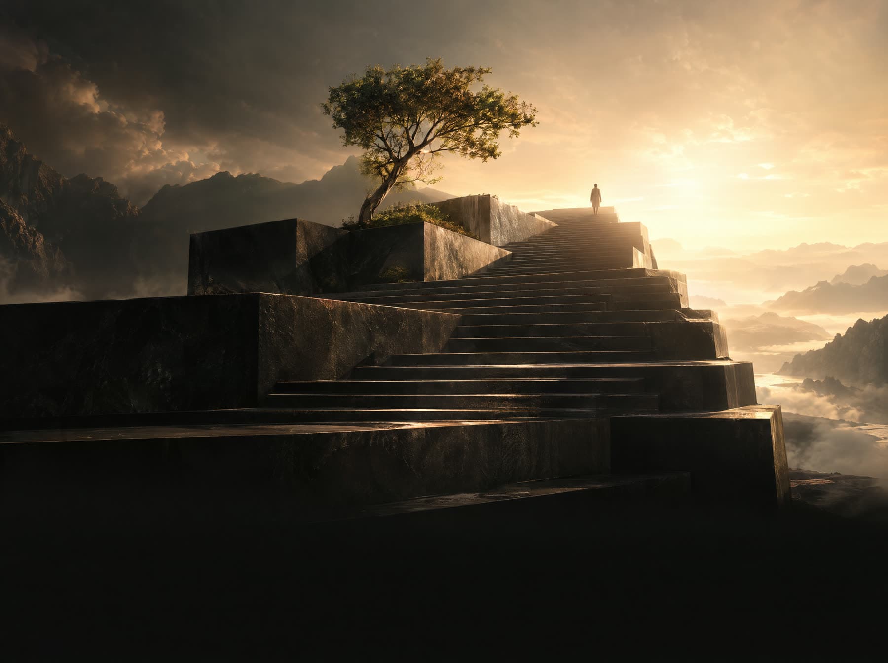 A figure ascending a monumental stone staircase toward a lone tree and open sky at sunrise.