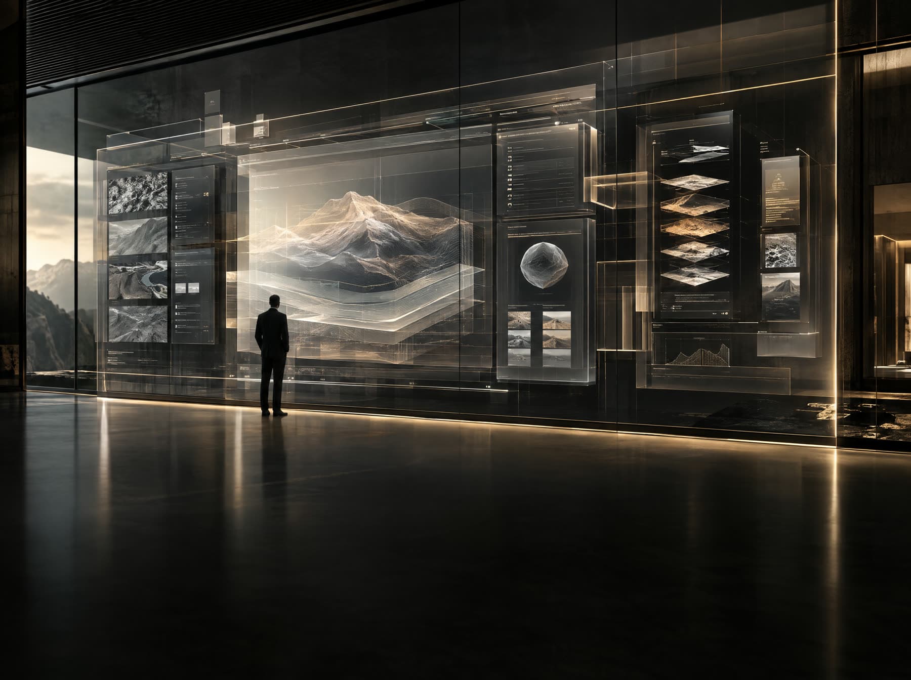 A figure standing before a wall of translucent data visualisations and software interface panels in a dark studio.